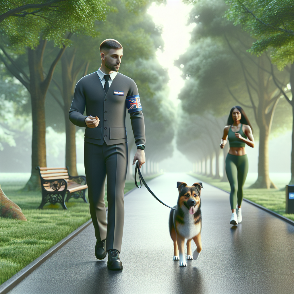 Smart trainer helping a reactive dog stay calm as a jogger runs past on a UK park path