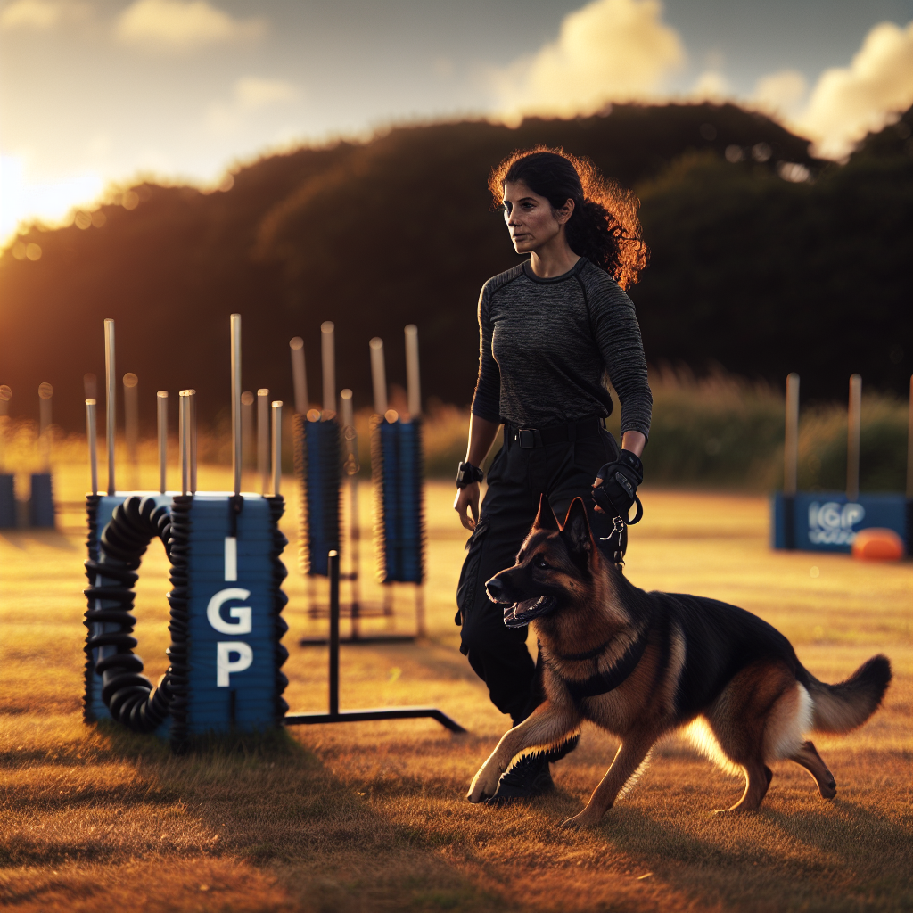 Handler and working dog practising precise heelwork on a UK training field with IGP equipment