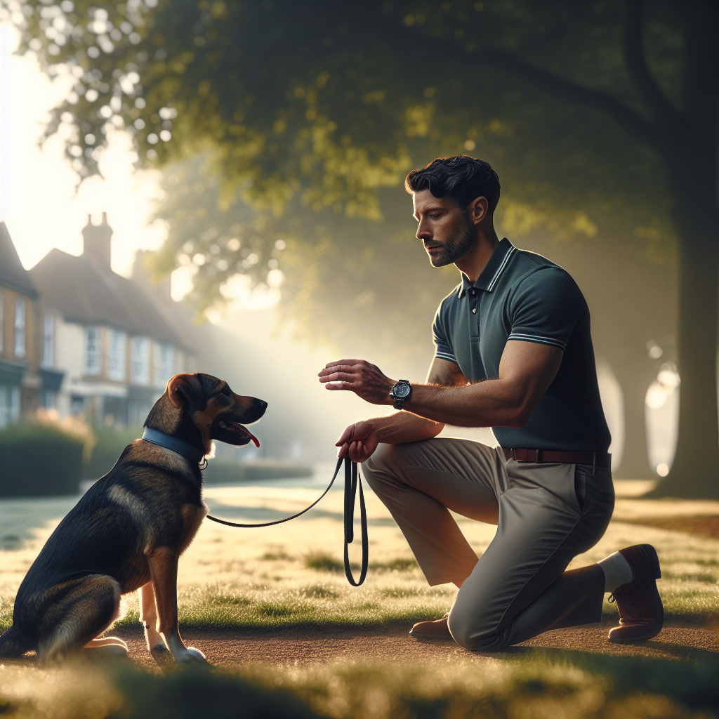 Trainer and mixed breed dog practising heel and place in a leafy Bury St Edmunds park