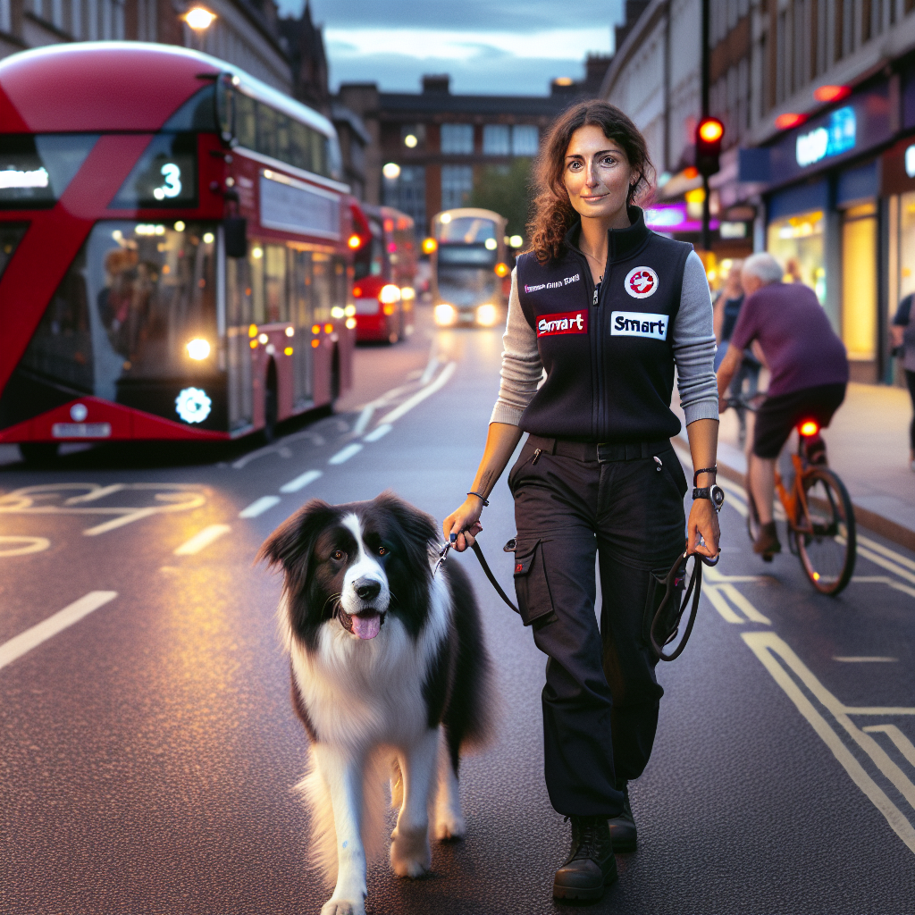Calm dog walking on a loose lead with a trainer along a busy UK high street at dusk
