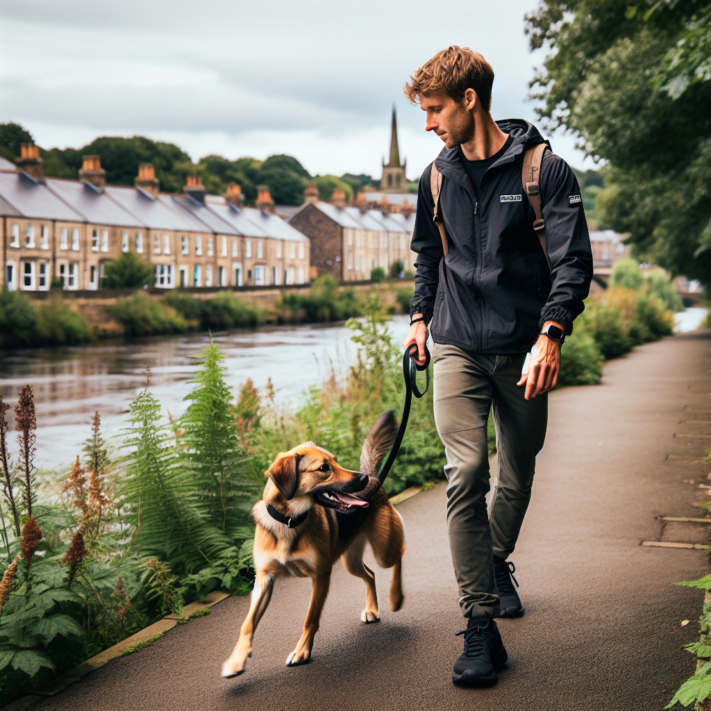 Dog trainer practising loose lead walking with a mixed breed beside leafy riverside paths in a North East England town