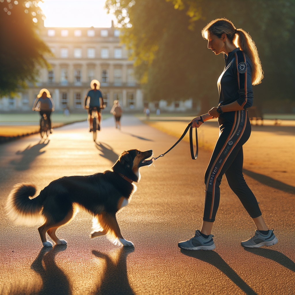 Trainer in a UK park building engagement in heel while the dog offers focused eye contact with distractions nearby