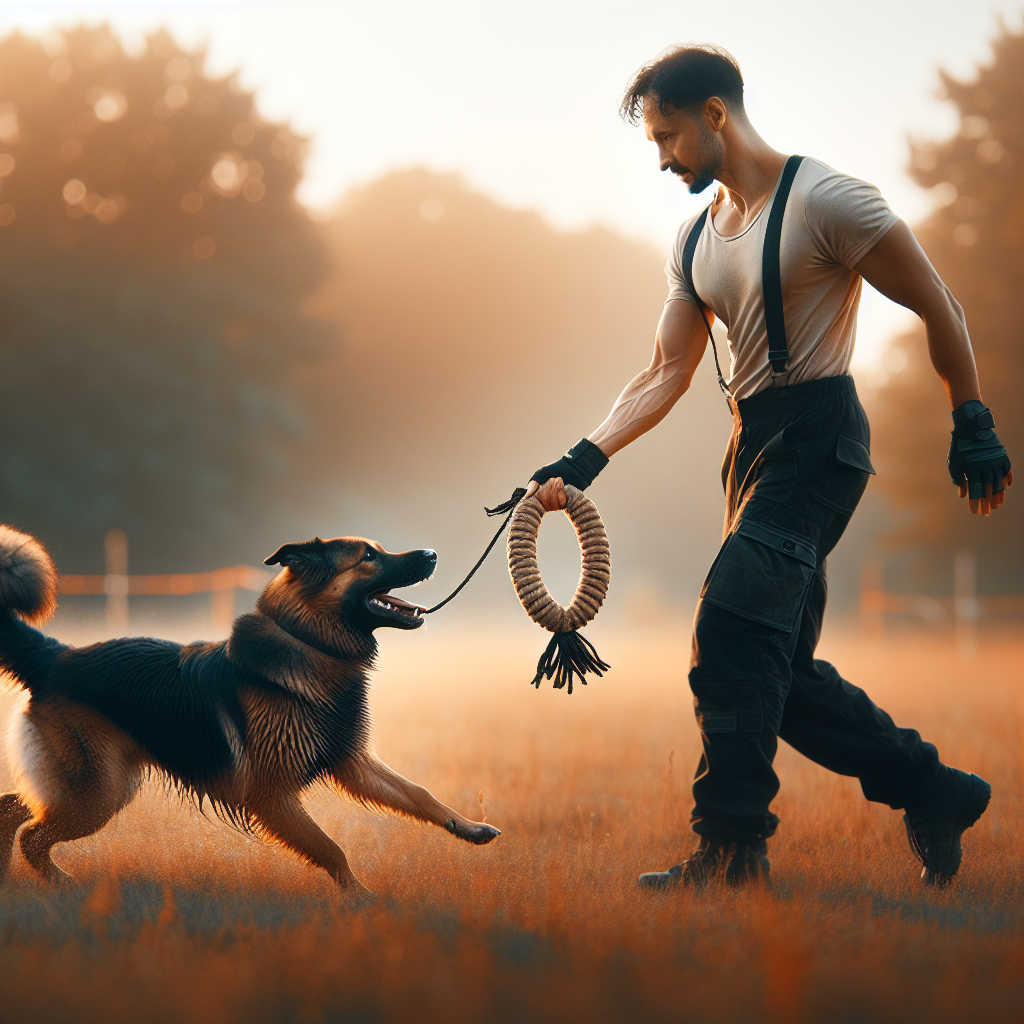 Trainer rewards a working dog in precise IGP heel position with a tug on a UK field