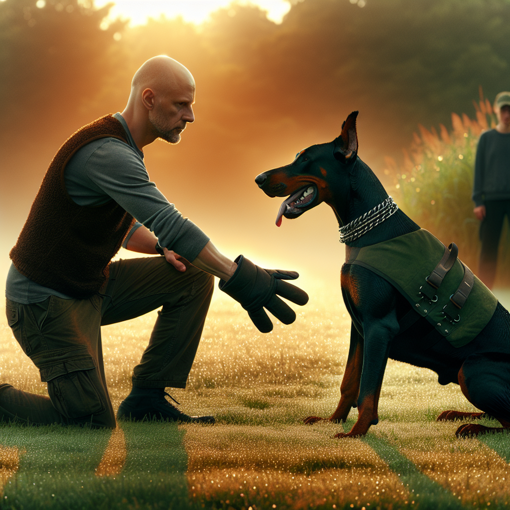 Doberman heeling with a UK trainer during IGP practice on a grassy field