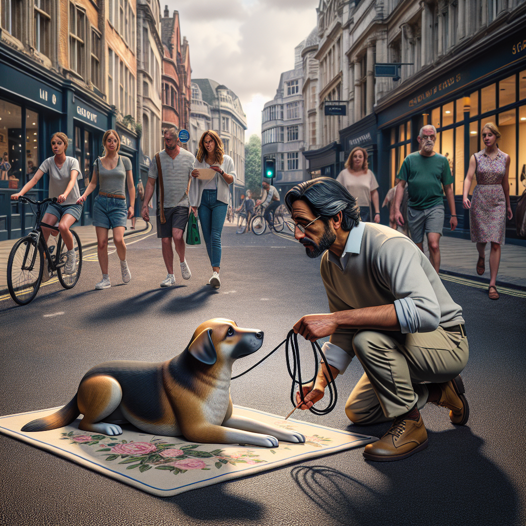 UK trainer helping a calm dog relax on a mat beside a busy cafe with people and bikes passing