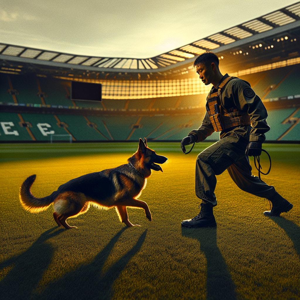 IGP trainer and German Shepherd practising heeling and grip work using layered learning on a UK field at sunset