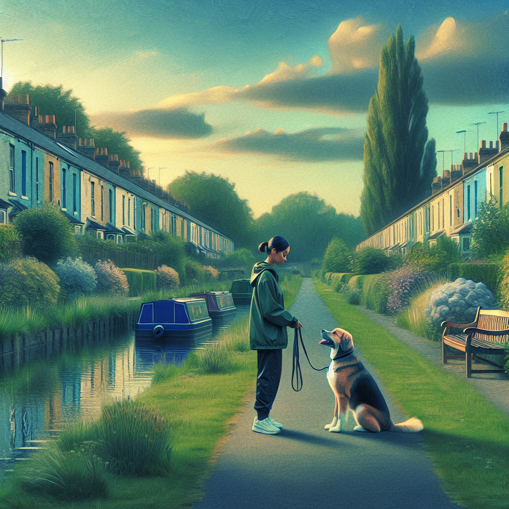 UK dog trainer practising heel and recall with a calm mixed-breed dog on a Denton green near homes and a canal path