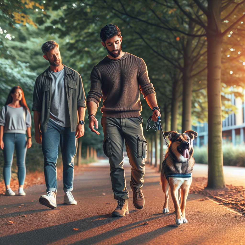 Trainer coaching loose lead walking with a mixed breed dog on a leafy Nottingham path