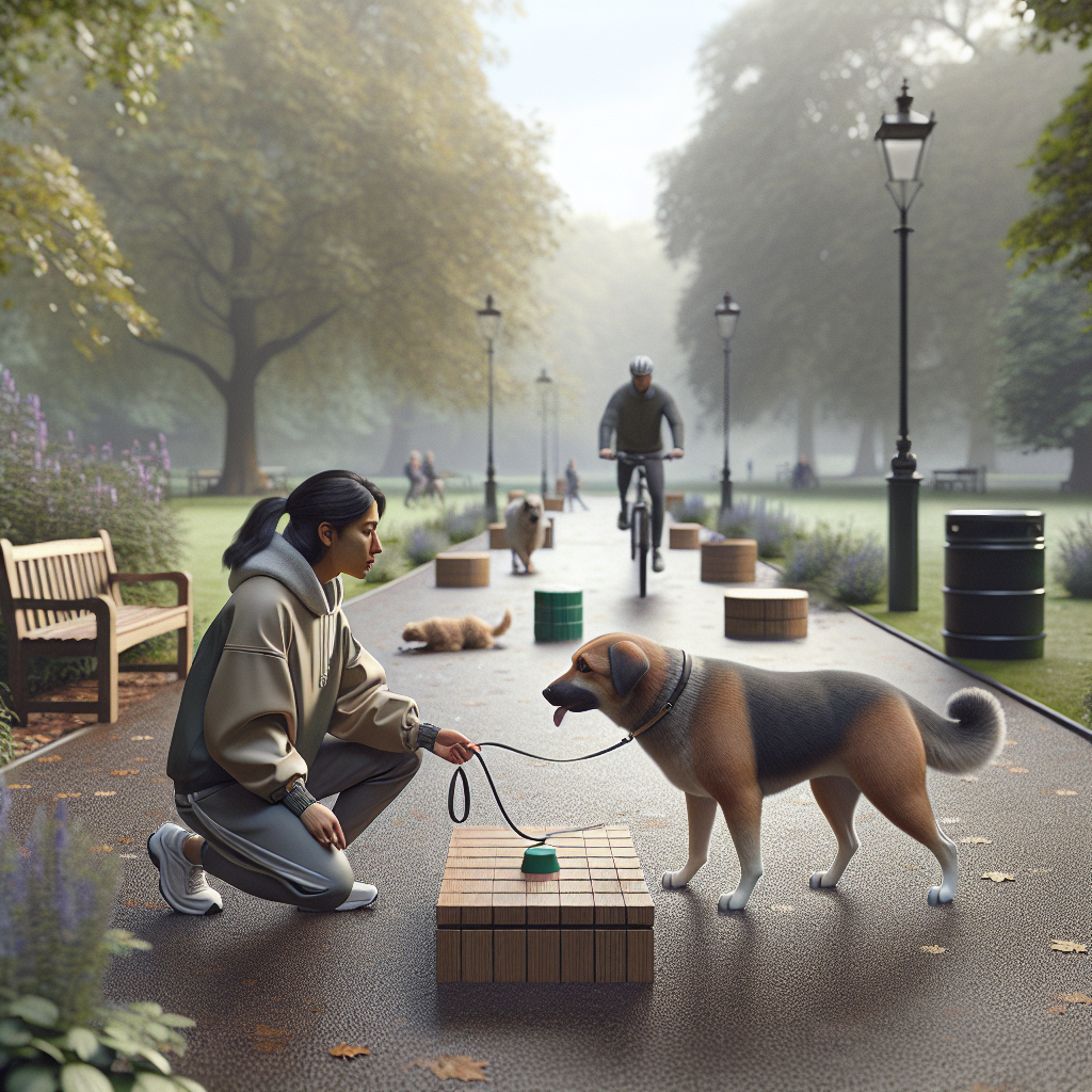 Trainer building a dog's outdoor confidence in a UK park with platforms and calm exposure