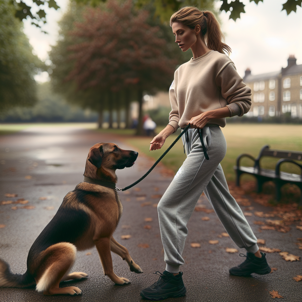 UK trainer guiding a focused dog with gentle lead pressure and release in a quiet park