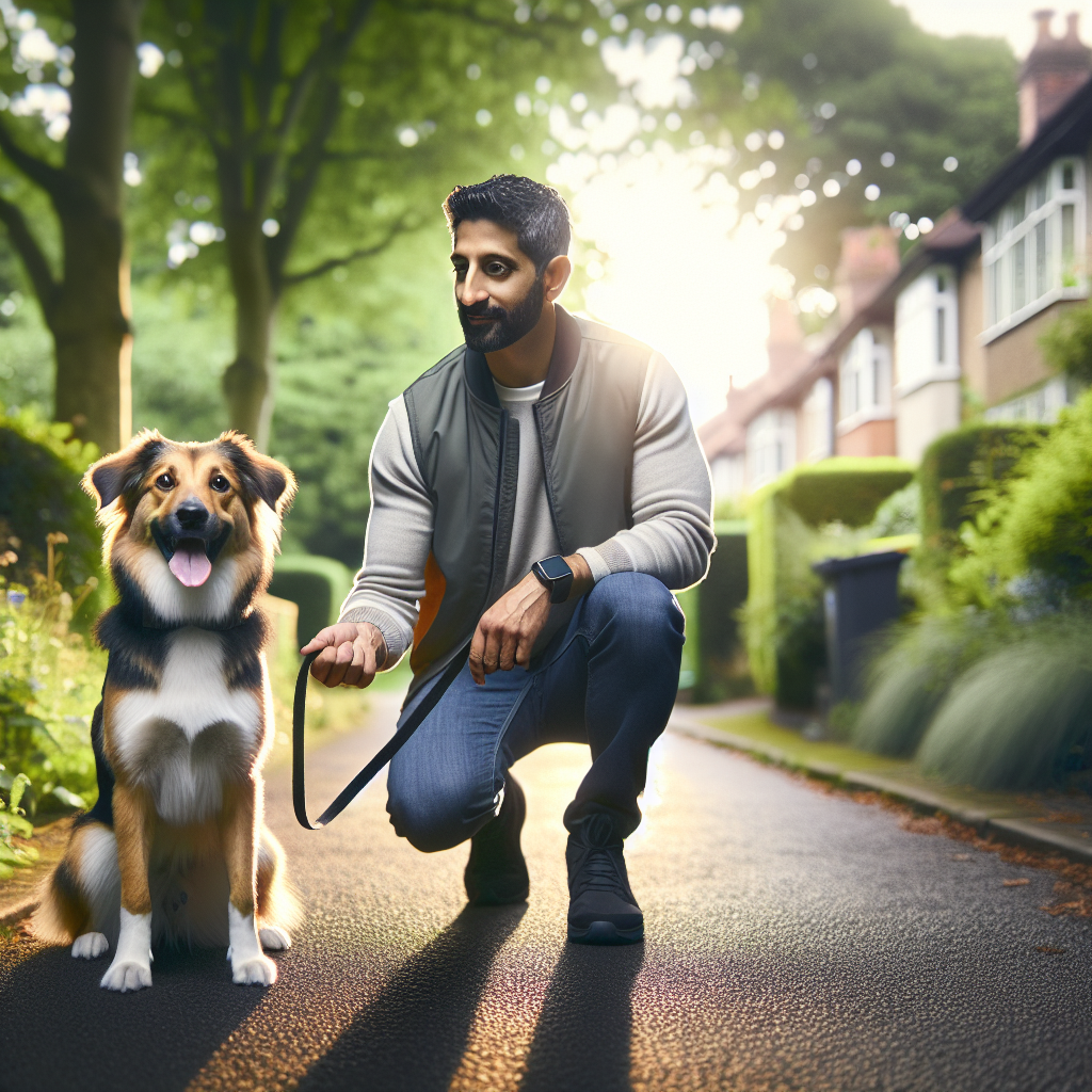 Trainer practising loose-lead walking and sit-stay with a mixed-breed dog on a Warrington path