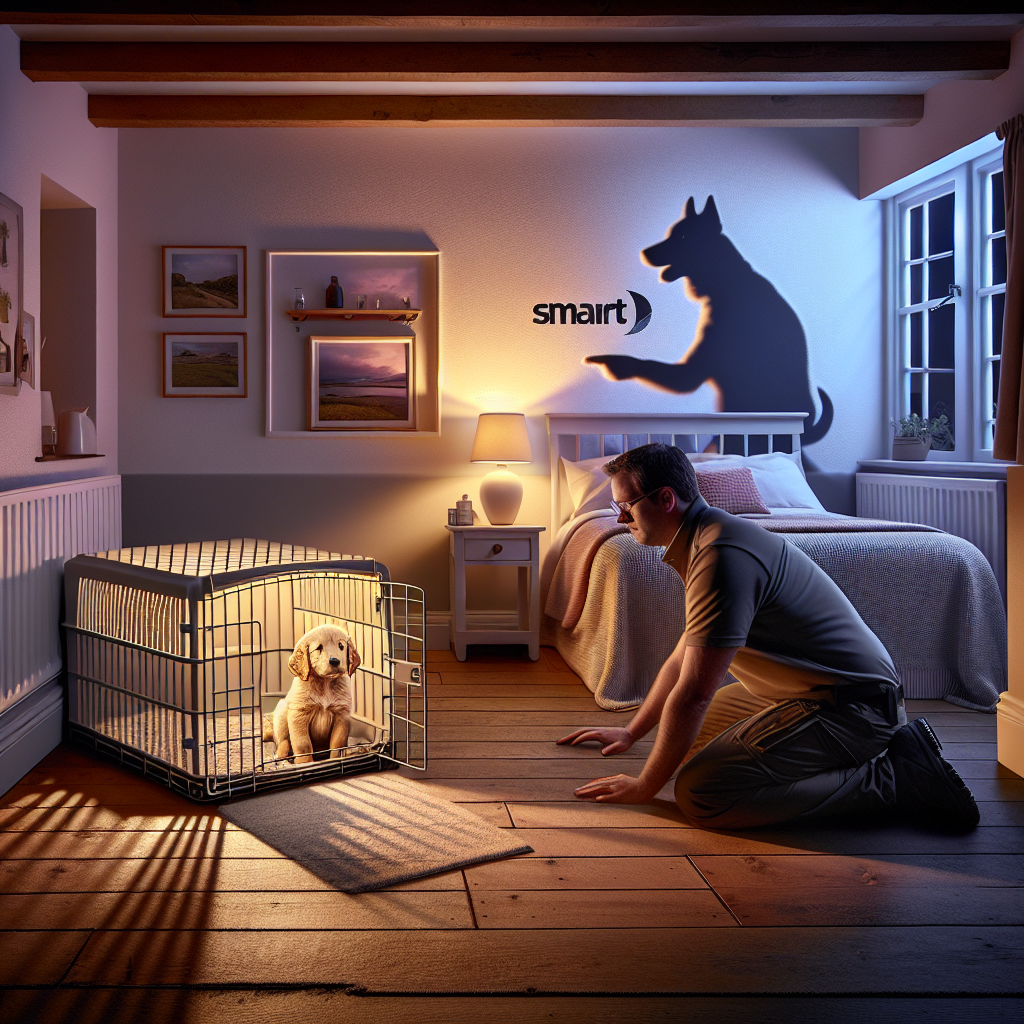 Puppy settling calmly in a bedside crate as a trainer gives a quiet cue in a softly lit UK bedroom