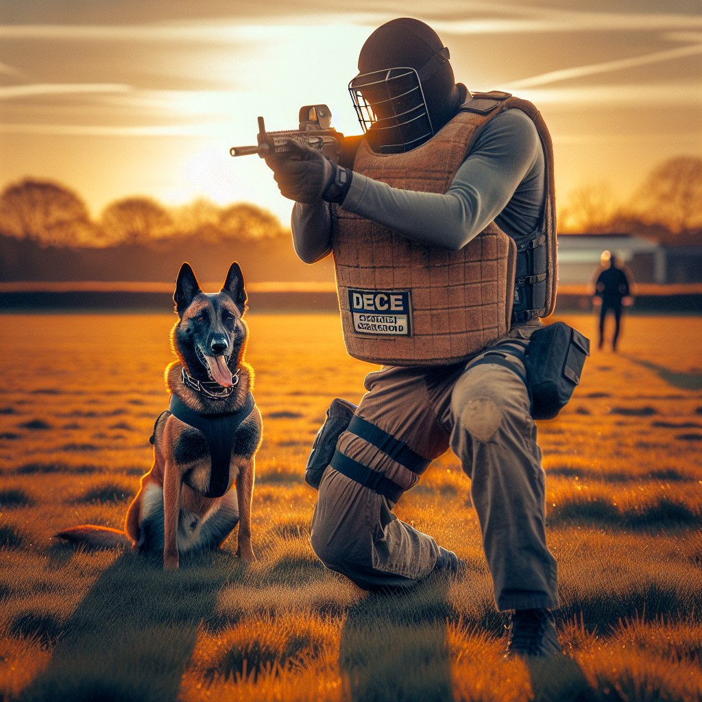 IGP decoy in protective gear with a focused Malinois holding a clean line before a sleeve entry on a UK field