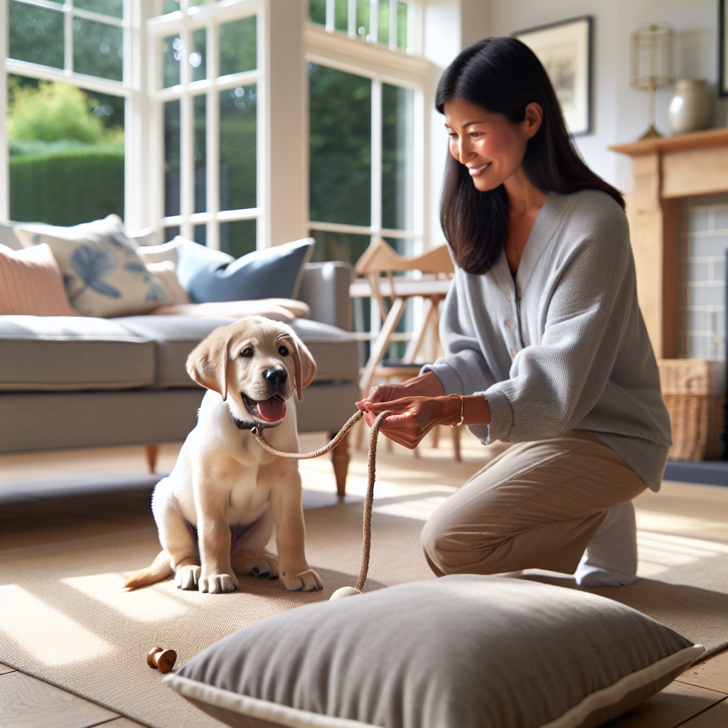 Trainer redirects a Labrador puppy from hands to a chew toy using a house line in a UK home