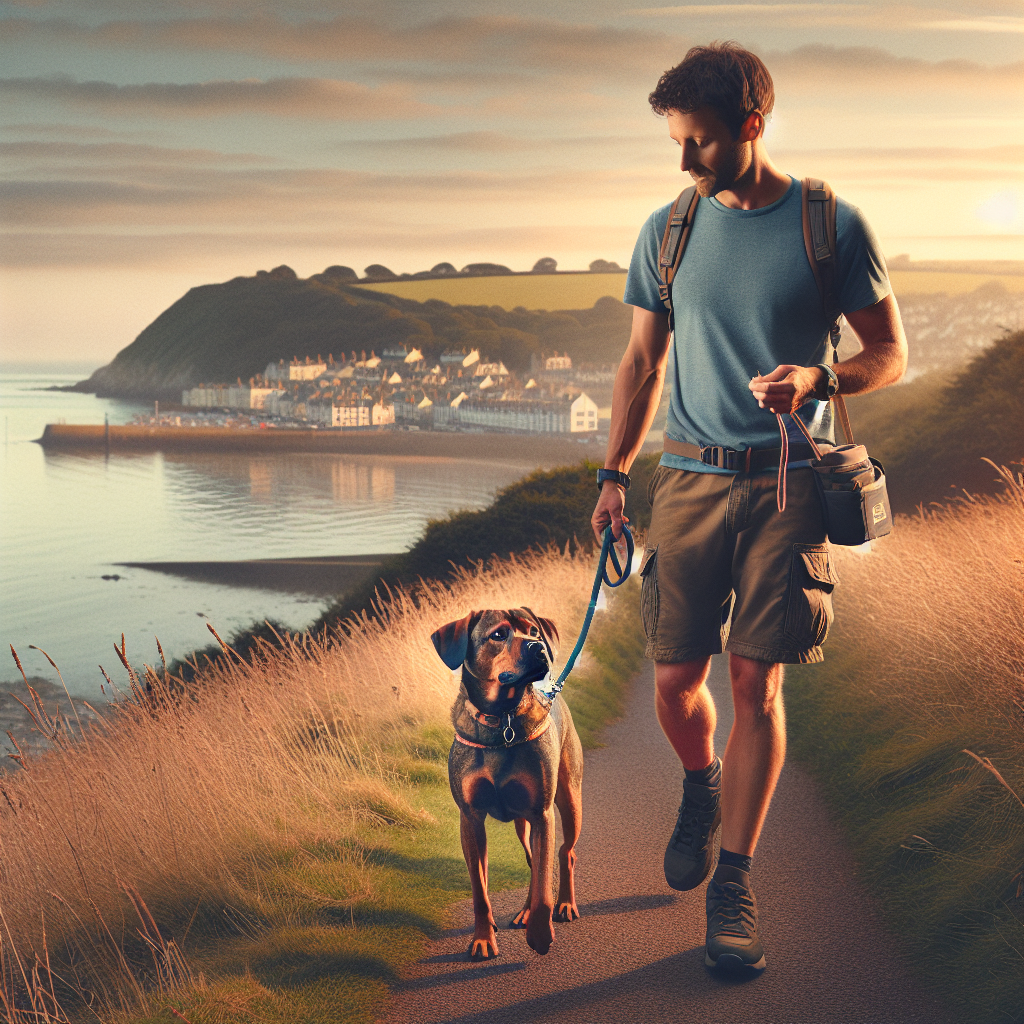Trainer and attentive dog practising loose lead walking on a coastal path near Holyhead