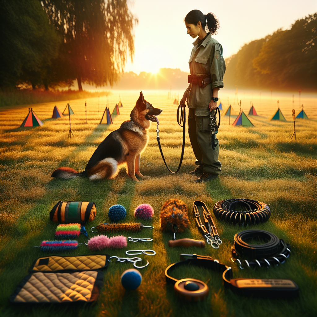 UK IGP trainer with German Shepherd and essential training gear laid out on a field at sunrise