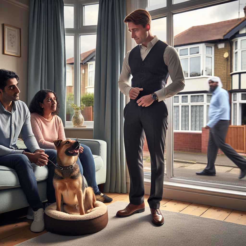 Trainer guiding a dog to relax on a place bed near a window while a neighbour passes outside
