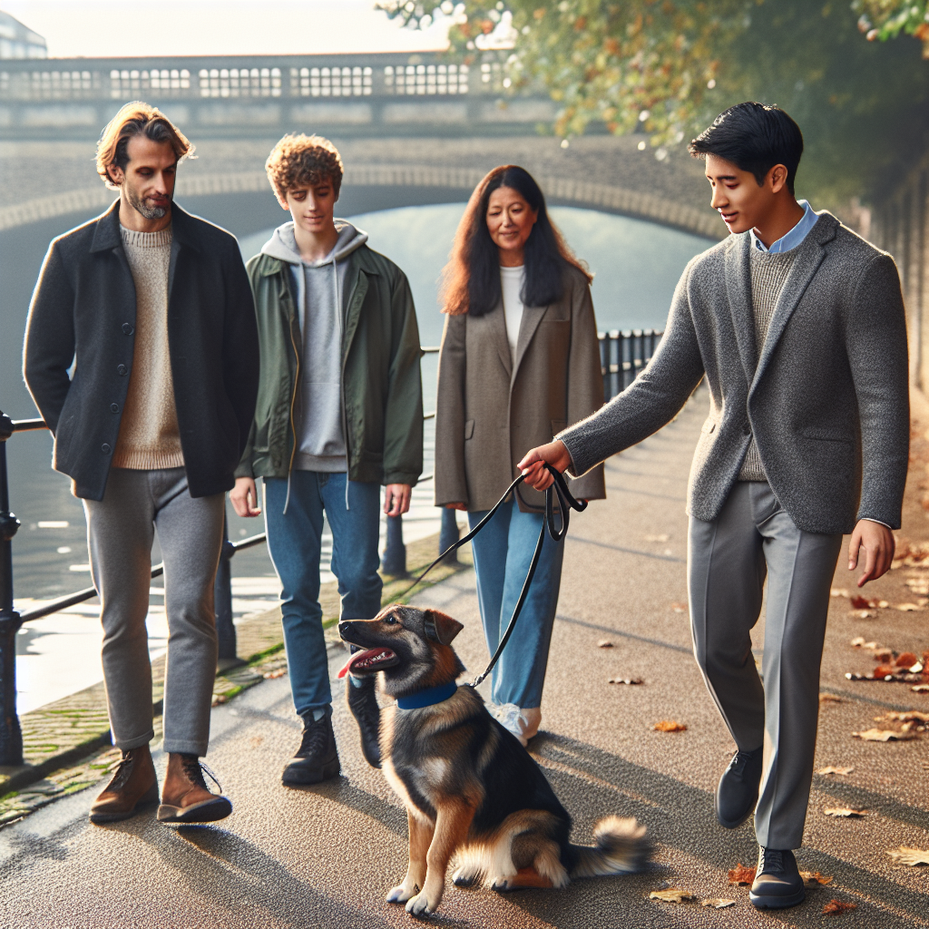 Smart trainer guiding a family and their dog on lead skills along a riverside path in a UK city park