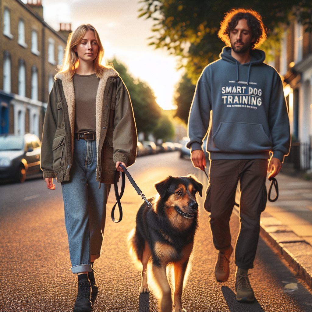 Trainer guiding a calm mixed breed dog on a loose lead beside an owner on a quiet UK street