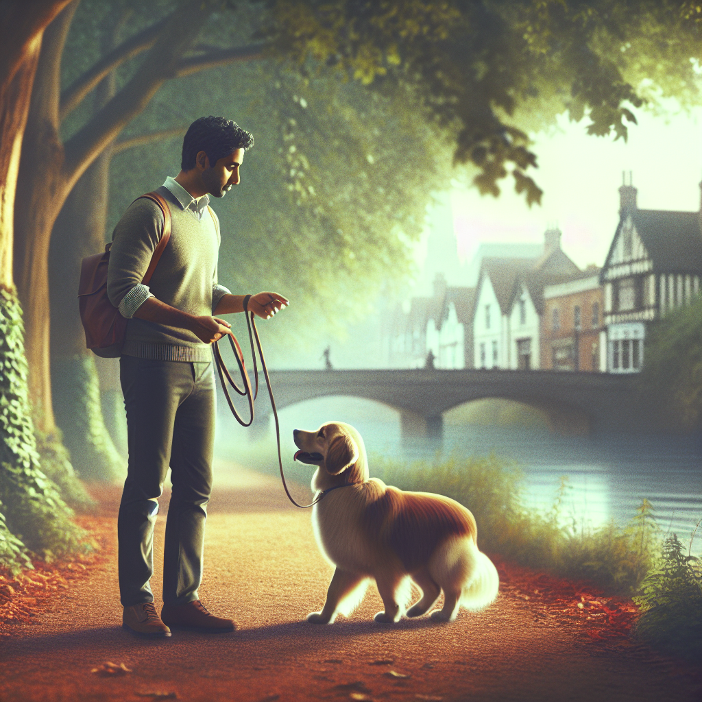 Trainer practising loose lead walking with a dog on a leafy riverside path in a Surrey town