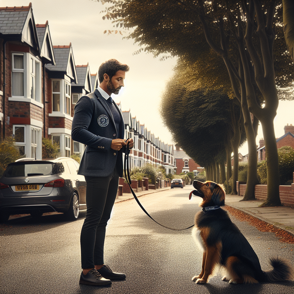 Trainer teaching heel and sit stay to a mixed breed dog on a quiet Heswall street