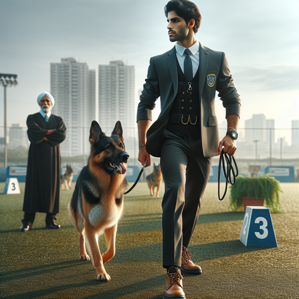 UK handler and German Shepherd heeling with focus during a mock trial while a judge observes
