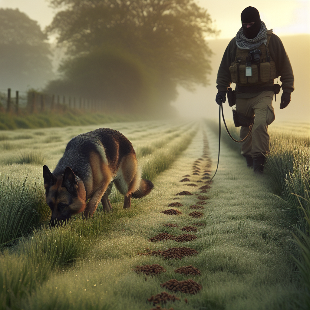 German Shepherd tracking with nose to ground on a dewy UK field as a handler follows with a long line