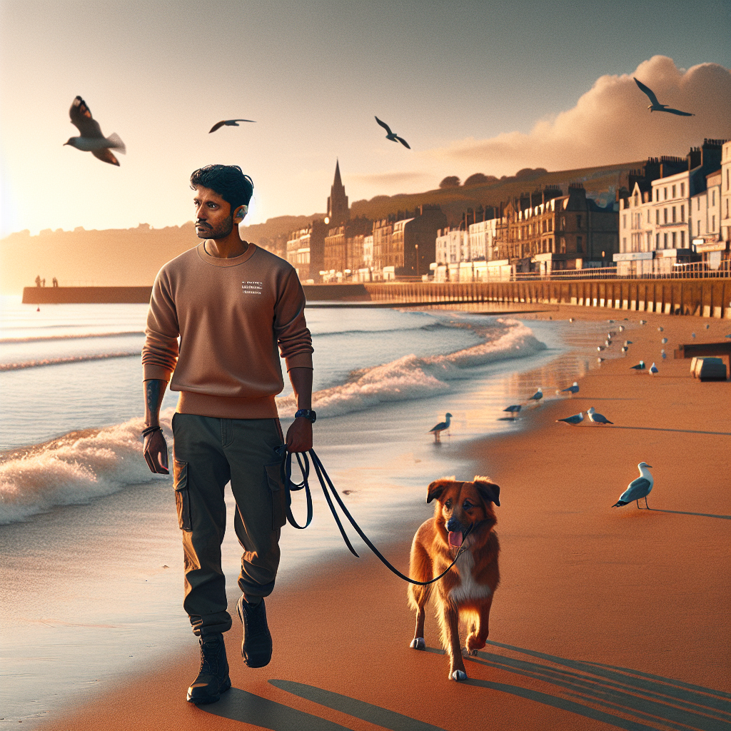 Trainer practising loose lead walking and recall with a dog on a UK seaside promenade at sunset