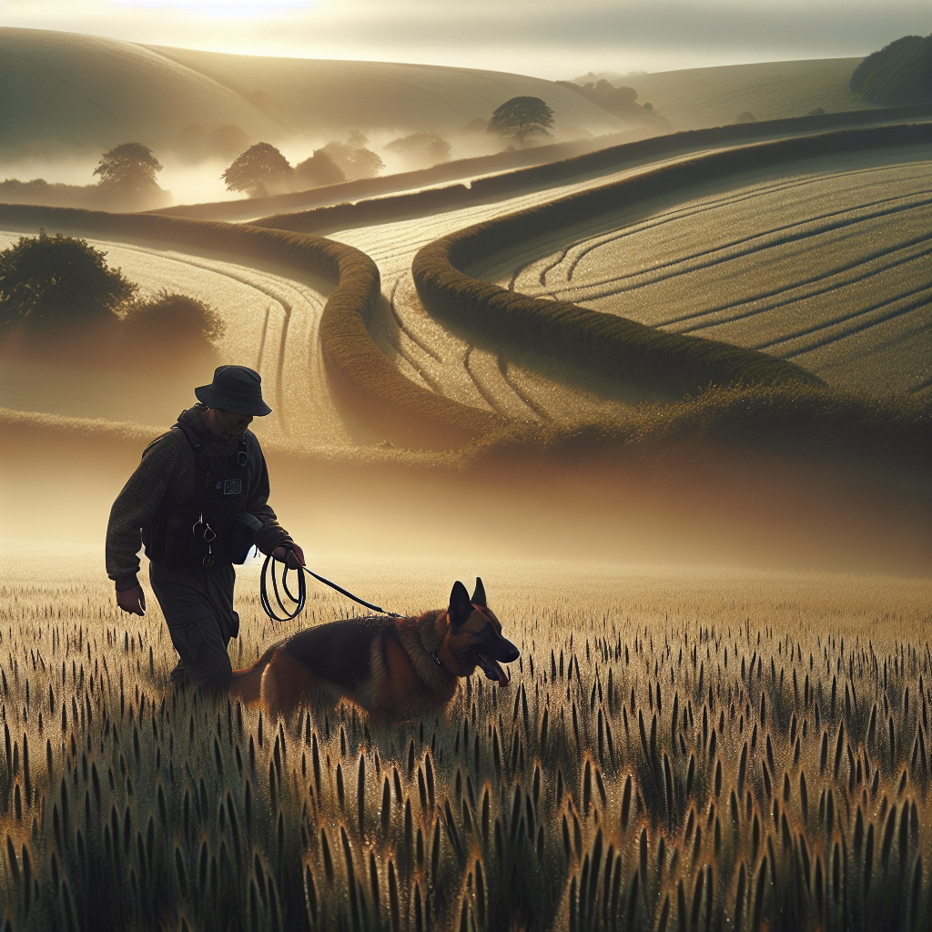 Trainer guiding a German Shepherd on a tracking line across dewy UK grassland at sunrise with a light crosswind