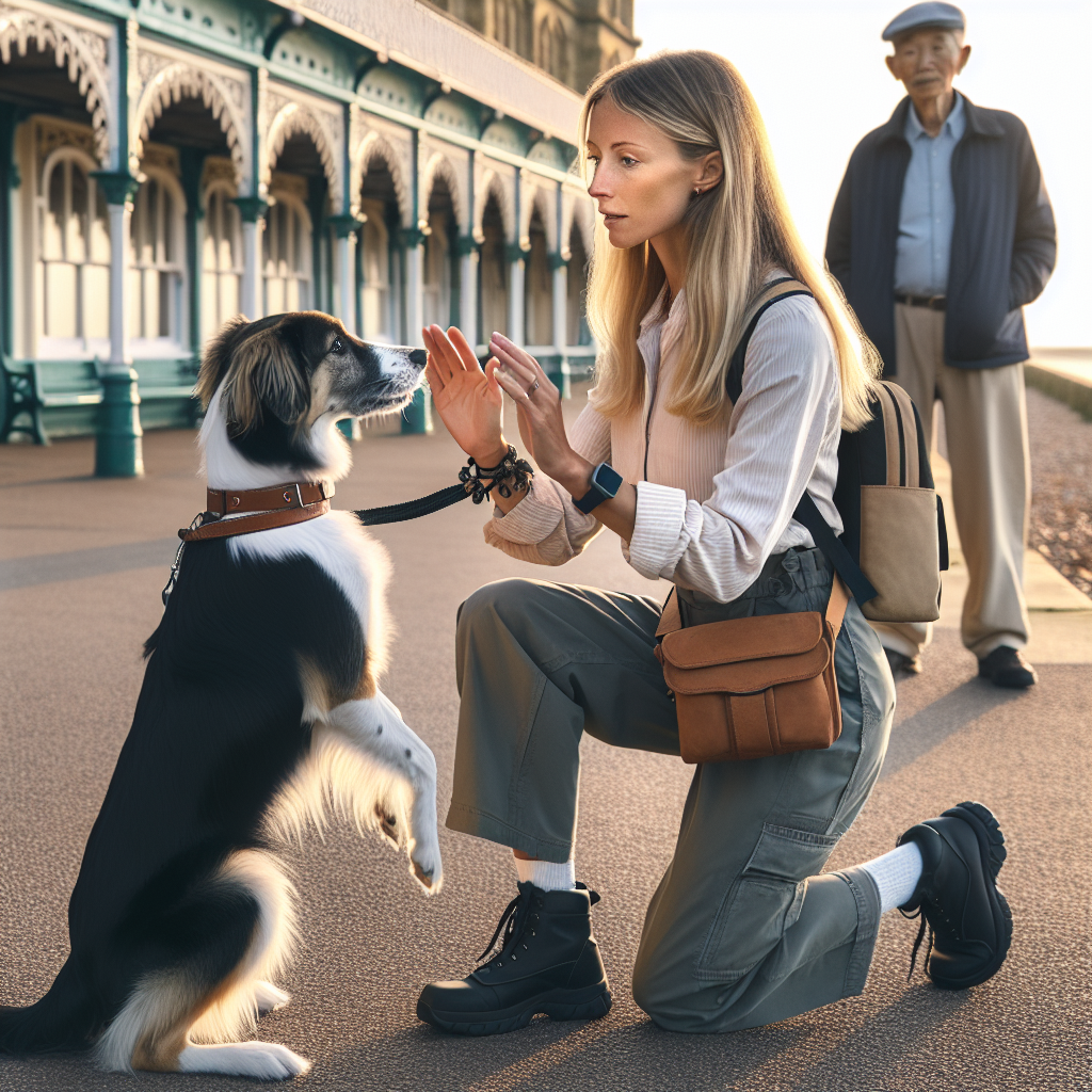 Trainer guiding a medium dog in heel and recall on a quiet British seaside promenade