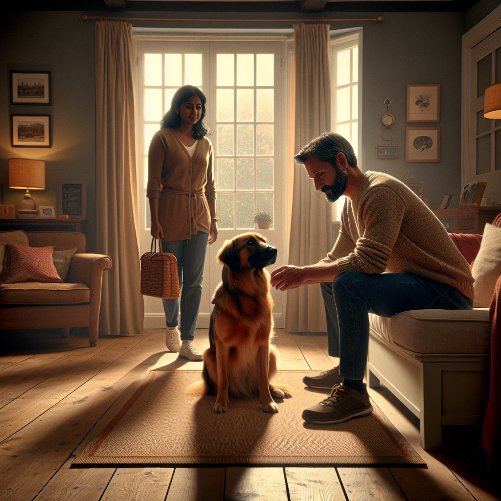 Trainer guiding a calm dog to settle on a mat as a visitor enters, showing relaxed body language