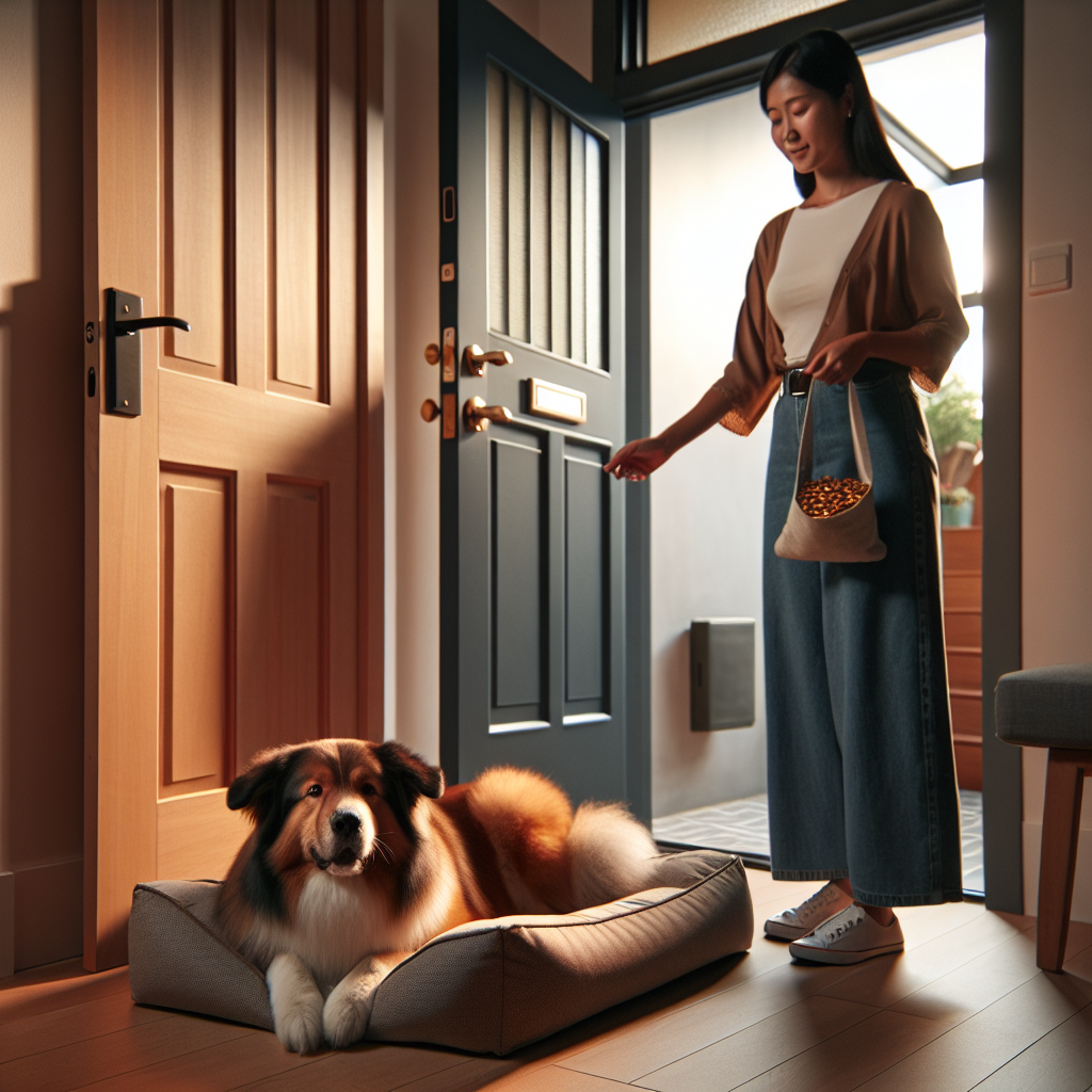Dog calmly holding Place on a bed near a front door while a visitor knocks
