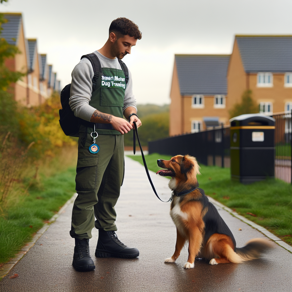 Smart trainer practising loose lead walking with a mixed breed dog on a quiet Luton footpath near green space