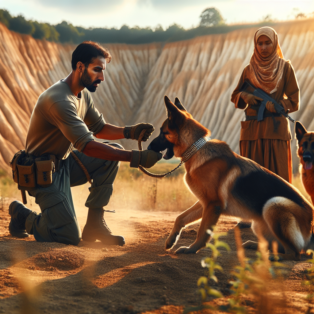 Trainer building prey engagement with a German Shepherd while a decoy maintains light pressure nearby