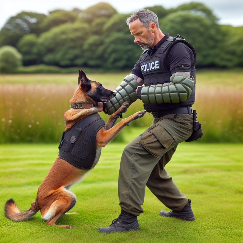 Certified trainer guiding a Malinois into a clean bicep sleeve target on a UK field with safe line handling