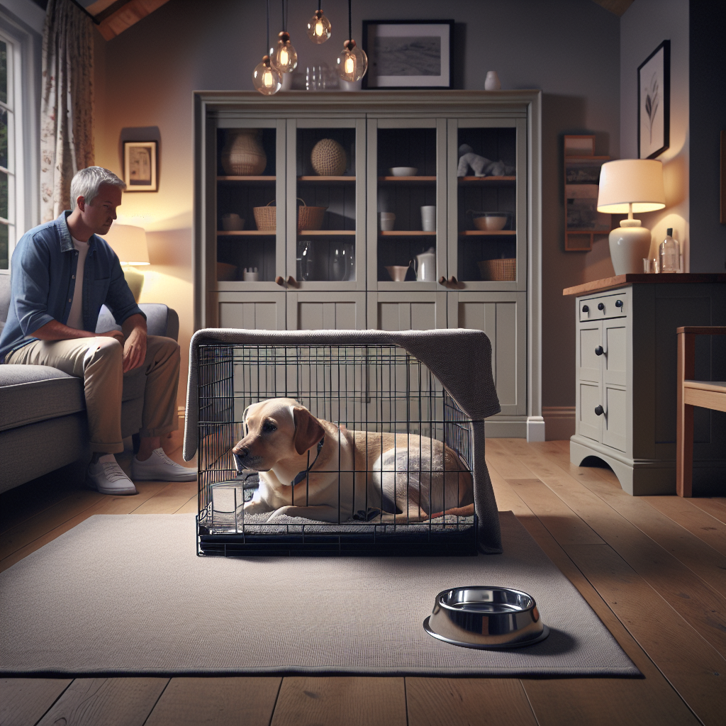 Labrador resting calmly in a covered crate while a trainer coaches the owner on safe post surgery crate exits