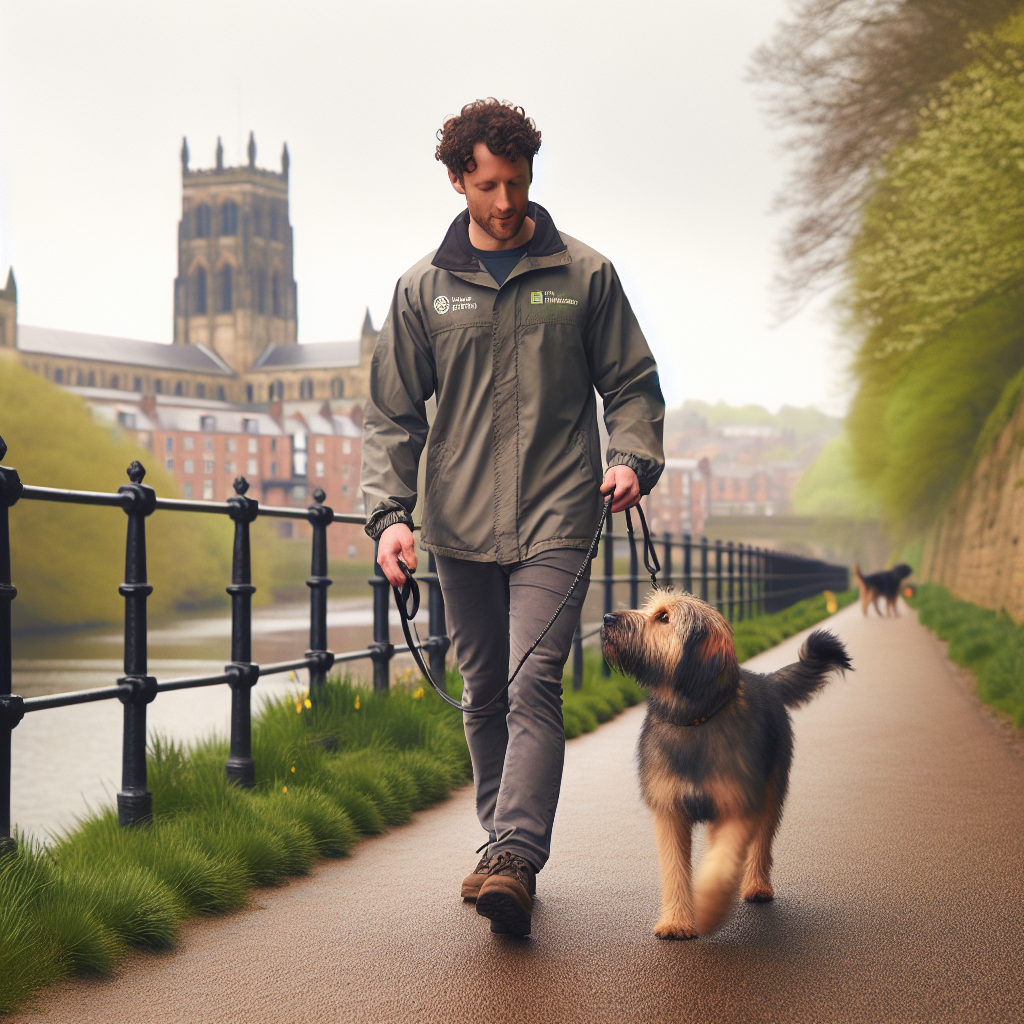 Trainer practising loose lead walking with a mixed-breed dog on a riverside path in Durham