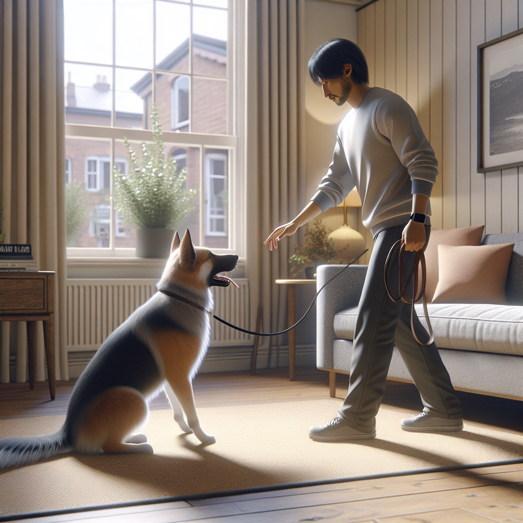 UK trainer guiding a shepherd mix onto a place bed with clear markers in a bright living room