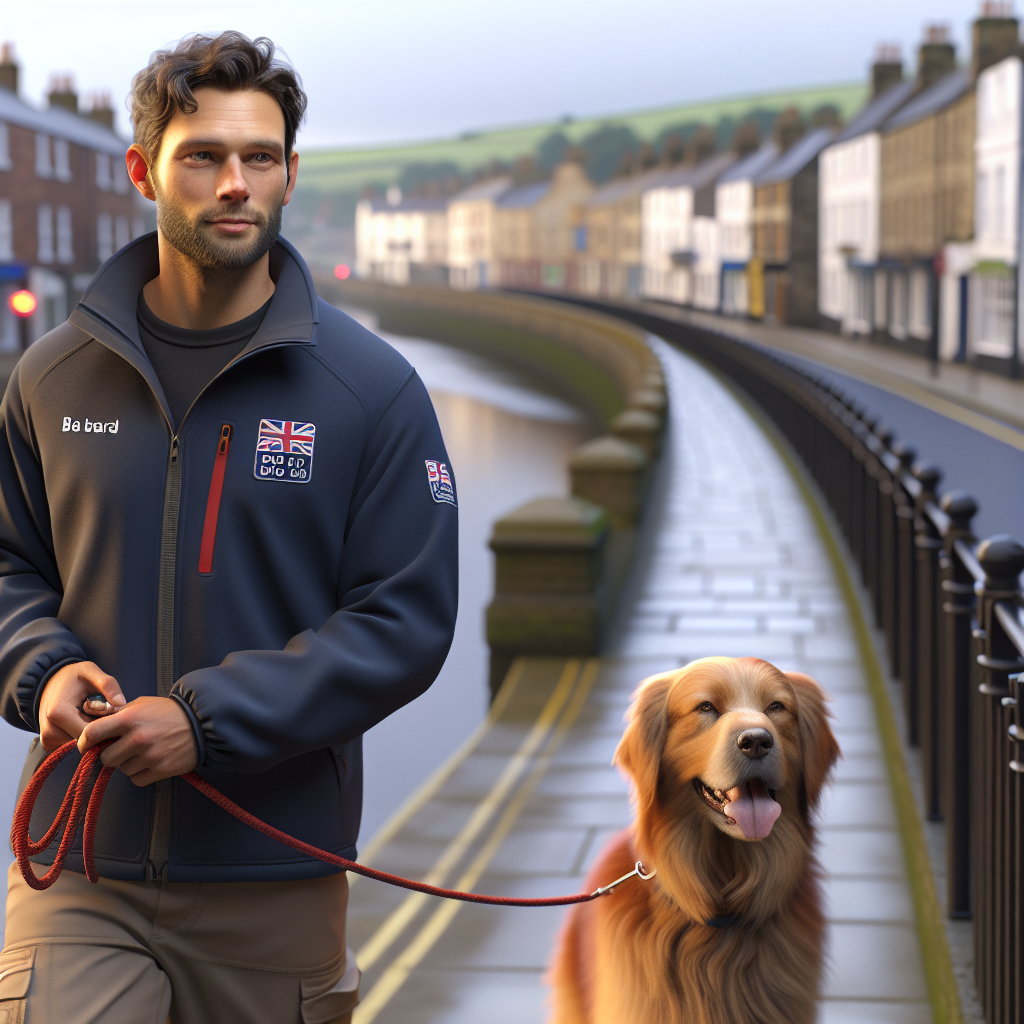 Trainer practising loose lead walking with a mixed breed dog on a quiet town path in Goole