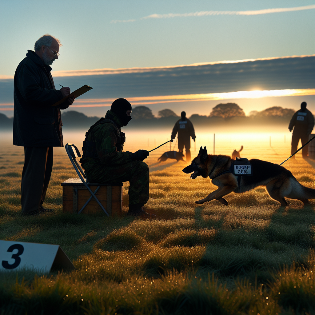 Judge watches a German Shepherd perform a fast send away during an IGP trial on a UK field