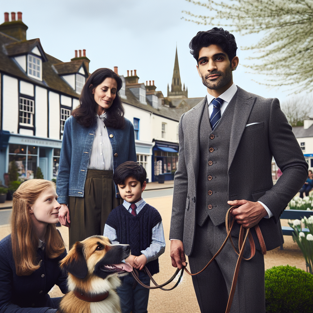 UK trainer coaching a family and their mixed-breed dog on loose lead walking and recall near a town green
