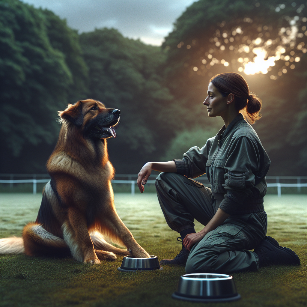 Working dog cooling down with a trainer after a trial on a UK field at dusk