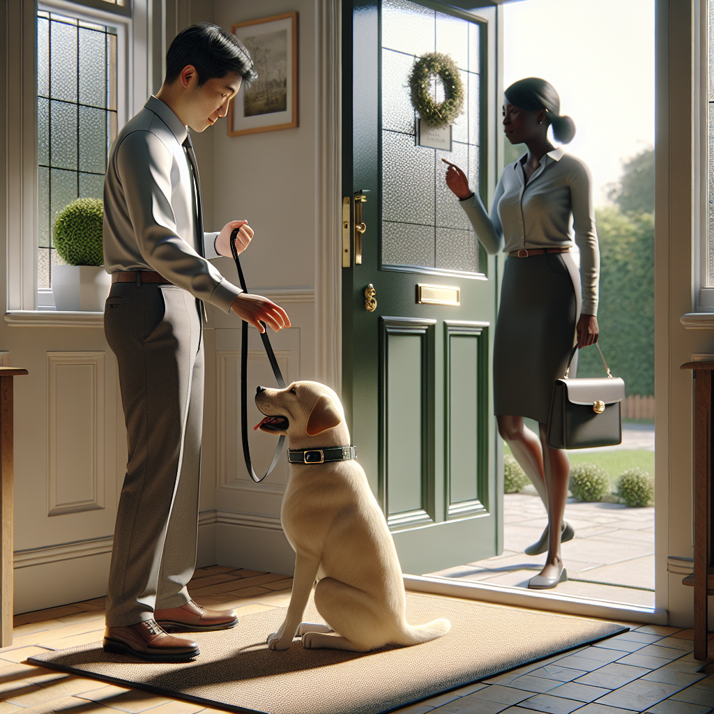 UK trainer guiding a Labrador through a calm doorway routine with a visitor