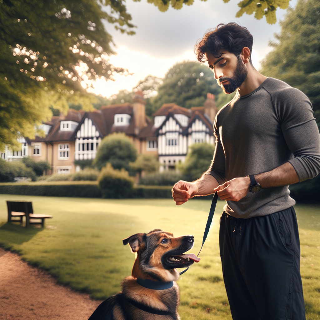 Trainer practising loose lead and recall with a focused dog in a leafy Sandhurst park