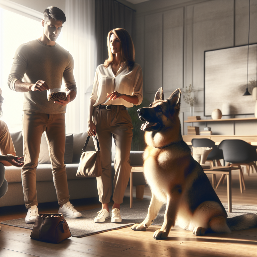 UK family practising place with a German Shepherd as a trainer coaches calm neutrality at home