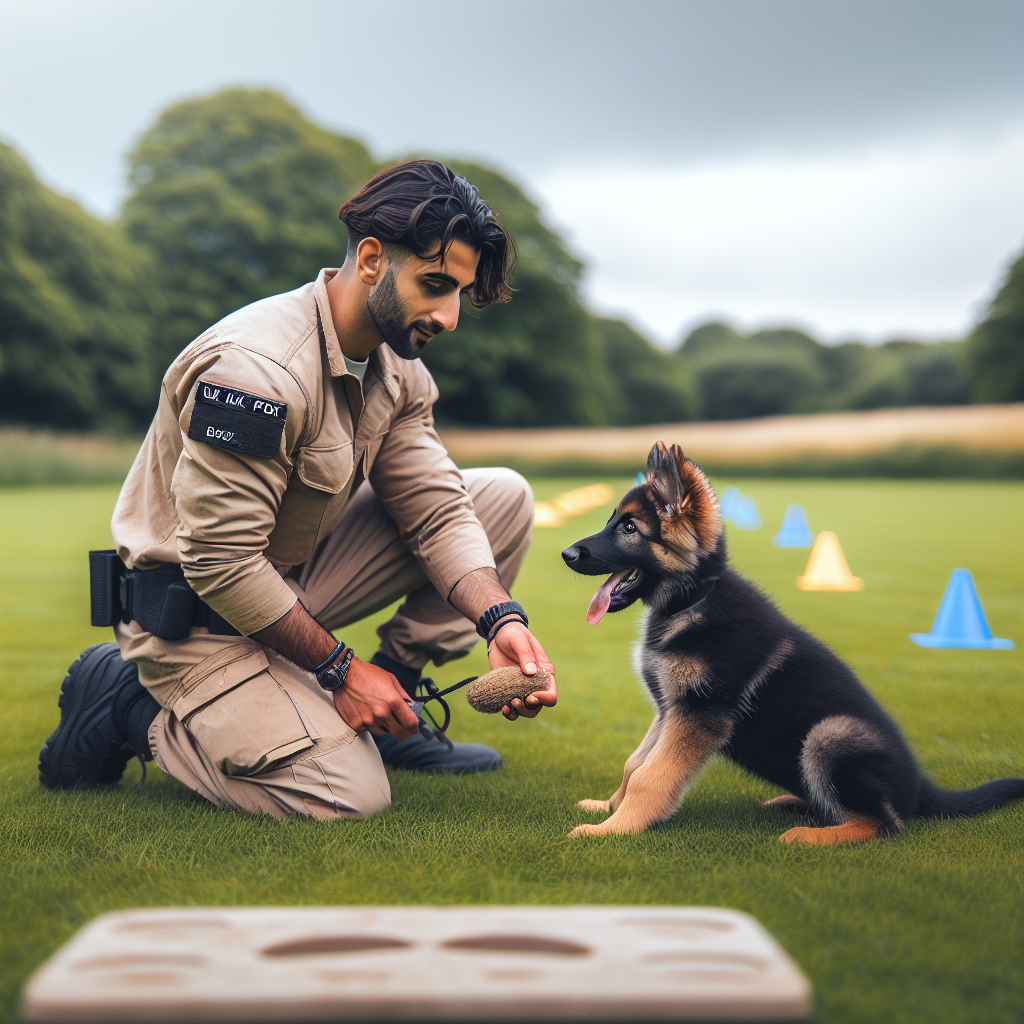 Trainer builds IGP foundations with a German Shepherd puppy using soft tug play and focus on a UK field