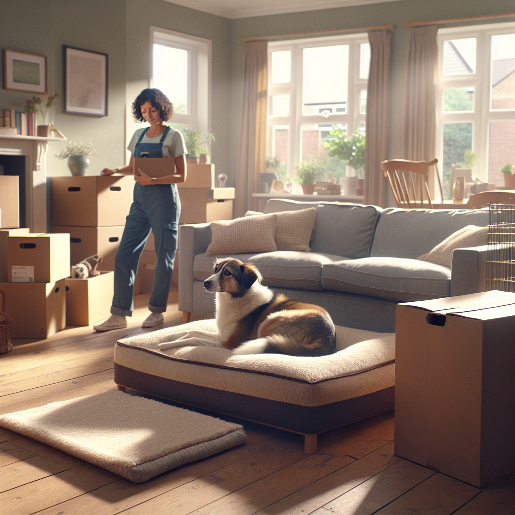 UK dog trainer guiding a dog to settle on a bed during moving day with boxes and a crate nearby