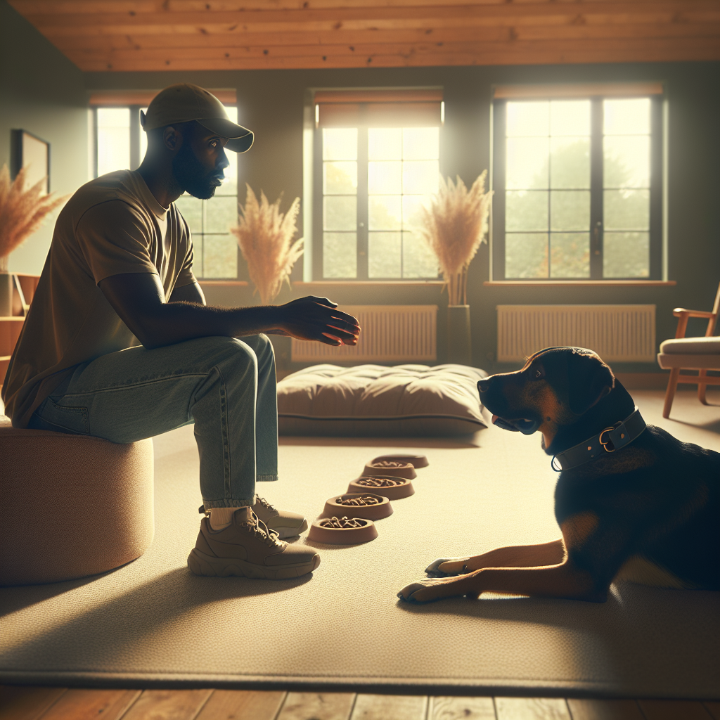 Trainer guiding a dog to relax on a bed while soft thunder plays during a UK indoor session
