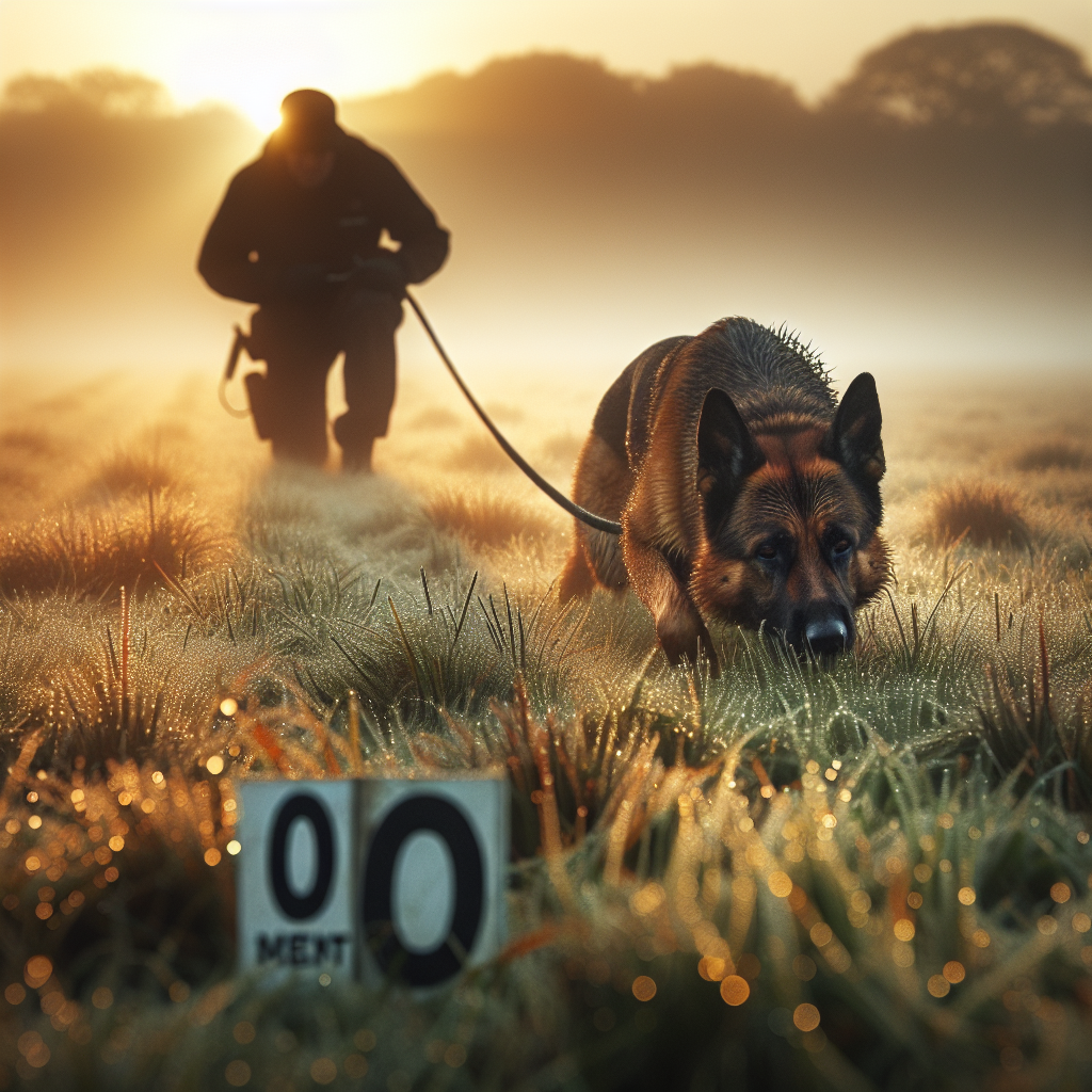 German Shepherd tracking with nose down while handler manages a loose line on dewy grass at sunrise
