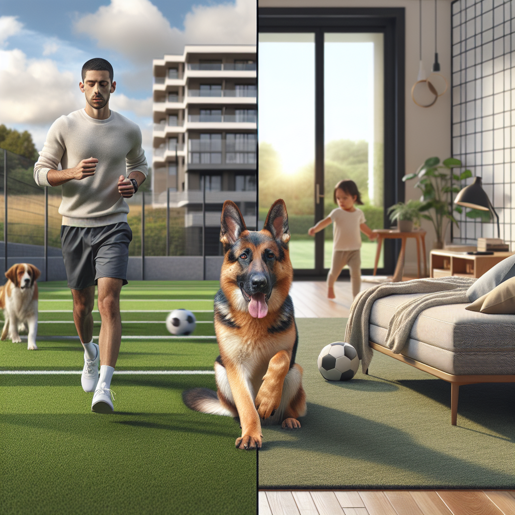Split scene of IGP heeling on a UK field and a calm pet on a place bed at home